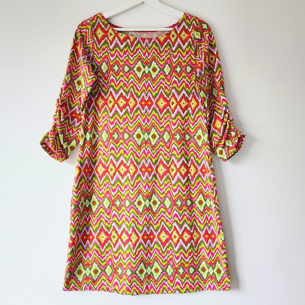 SOYBU‎ Tunic Dress Womens Medium Pink Green Bright Stretch Lagenlook Cottagecore